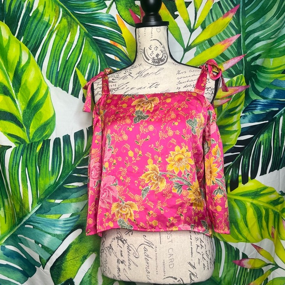 NWT Forever 21 L Pink Floral Satin Tie Strap Crop Cold Shoulder Feminine Blouse - Picture 1 of 12